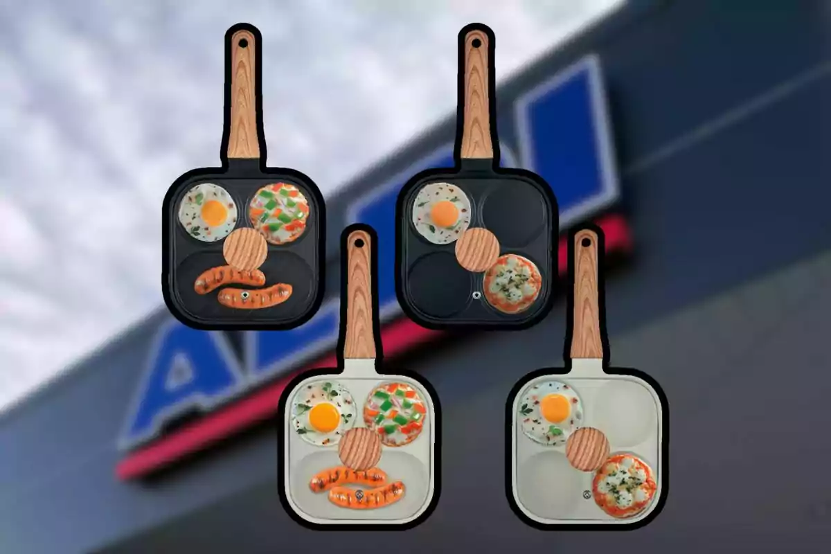 Cuatro sartenes cuadradas con mango de imitación madera, cada una con divisiones para cocinar huevos, salchichas y otros alimentos, sobre un fondo desenfocado de una tienda. Cuatro sartenes cuadradas con mango de imitación madera, cada una con divisiones para cocinar huevos, salchichas y otros alimentos, sobre un fondo desenfocado de una tienda.