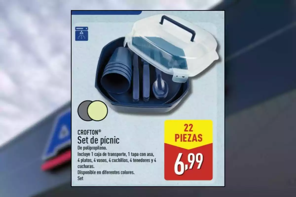 Set de picnic Crofton de 22 piezas en color azul con caja de transporte, platos, vasos y cubiertos, precio de 6,99 euros Set de picnic Crofton de 22 piezas en color azul con caja de transporte, platos, vasos y cubiertos, precio de 6,99 euros