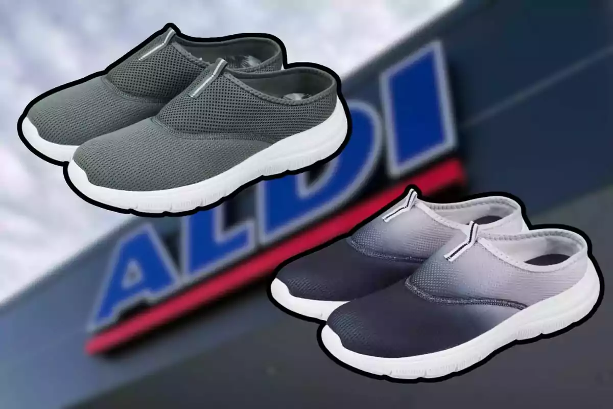 Dos parells de sabates esportives tipus slip-on en colors gris i negre amb un fons desenfocat d’un rètol d’Aldi Dos parells de sabates esportives tipus slip-on en colors gris i negre amb un fons desenfocat d’un rètol d’Aldi