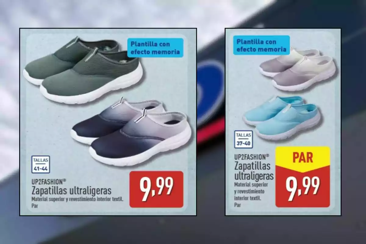 Quatre parells de sabatilles ultralleugeres UP2FASHION en diferents colors i talles, amb sola blanca i plantilla amb efecte memòria, a un preu de 9,99 euros per parell. Quatre parells de sabatilles ultralleugeres UP2FASHION en diferents colors i talles, amb sola blanca i plantilla amb efecte memòria, a un preu de 9,99 euros per parell.