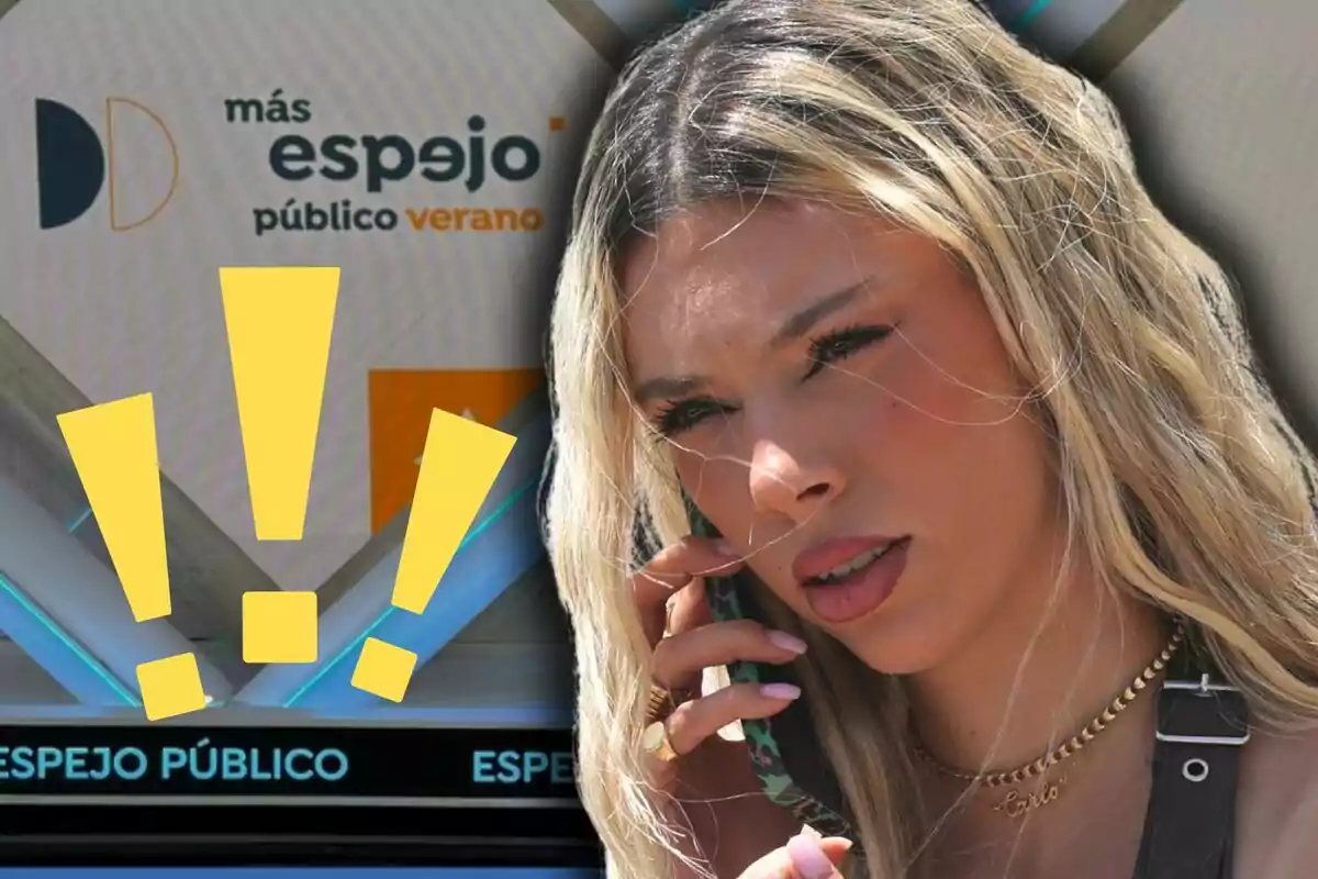 Dona rossa parlant per telèfon amb expressió seriosa, al fons un cartell d'Espejo Público Verano i tres signes d'exclamació grocs.