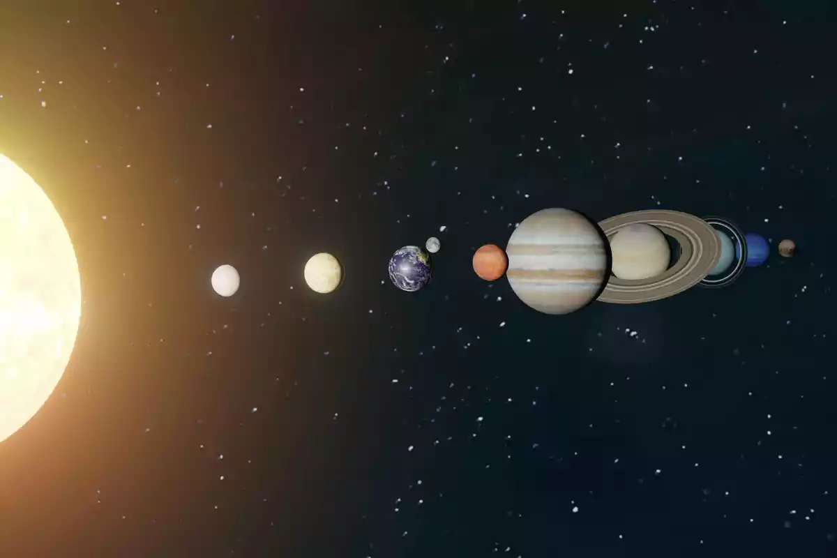 Representació del sistema solar en què el Sol apareix a l’extrem esquerre, seguit pels vuit planetes —Mercuri, Venus, Terra, Mart, Júpiter, Saturn, Urà i Neptú— alineats d’esquerra a dreta sobre un fons negre d’estrelles. Representació del sistema solar en què el Sol apareix a l’extrem esquerre, seguit pels vuit planetes —Mercuri, Venus, Terra, Mart, Júpiter, Saturn, Urà i Neptú— alineats d’esquerra a dreta sobre un fons negre d’estrelles.
