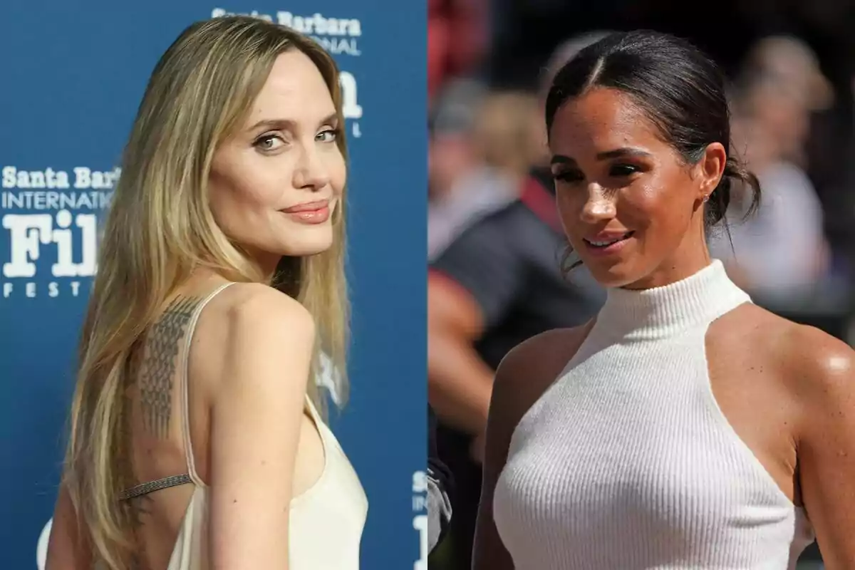Angelina Jolie i Meghan Markle posen en diferents esdeveniments, una amb vestit clar i tatuatge visible a l’esquena, l’altra amb brusa blanca de coll alt i cabell recollit. Angelina Jolie i Meghan Markle posen en diferents esdeveniments, una amb vestit clar i tatuatge visible a l’esquena, l’altra amb brusa blanca de coll alt i cabell recollit.