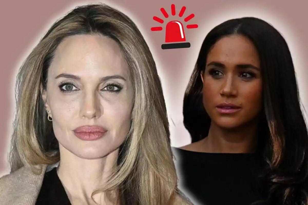 Angelina Jolie i Meghan Markle amb expressions serioses apareixen en primer pla sobre un fons difuminat de color rosa, amb una sirena d’alerta vermella dibuixada entre elles.