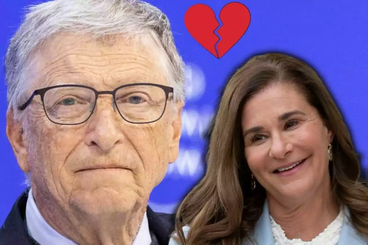 Bill gates i Melinda apareixen junts amb un cor trencat sobre ells i un fons blau