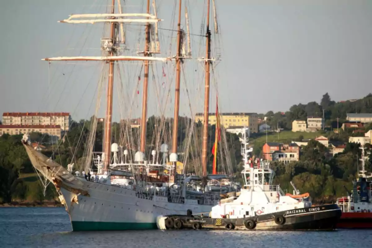 A large white sailing ship with several masts sails near the coast accompanied by a tugboat, with buildings and vegetation in the background.