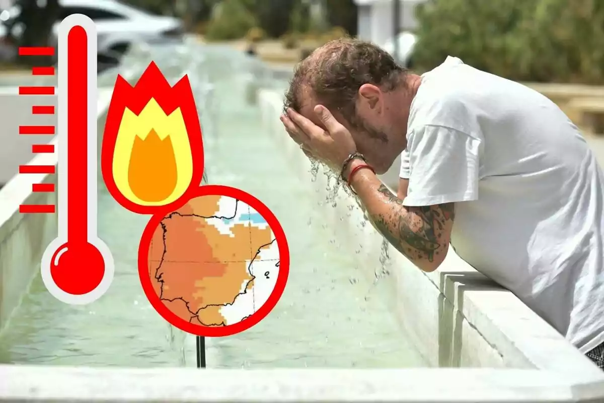 Home refrescant-se en una font durant una onada de calor amb icones de termòmetre, foc i un mapa de temperatures altes