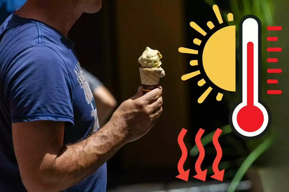 Persona amb samarreta blava sosté un gelat mentre apareixen il·lustracions de sol, termòmetre i calor indicant altes temperatures.