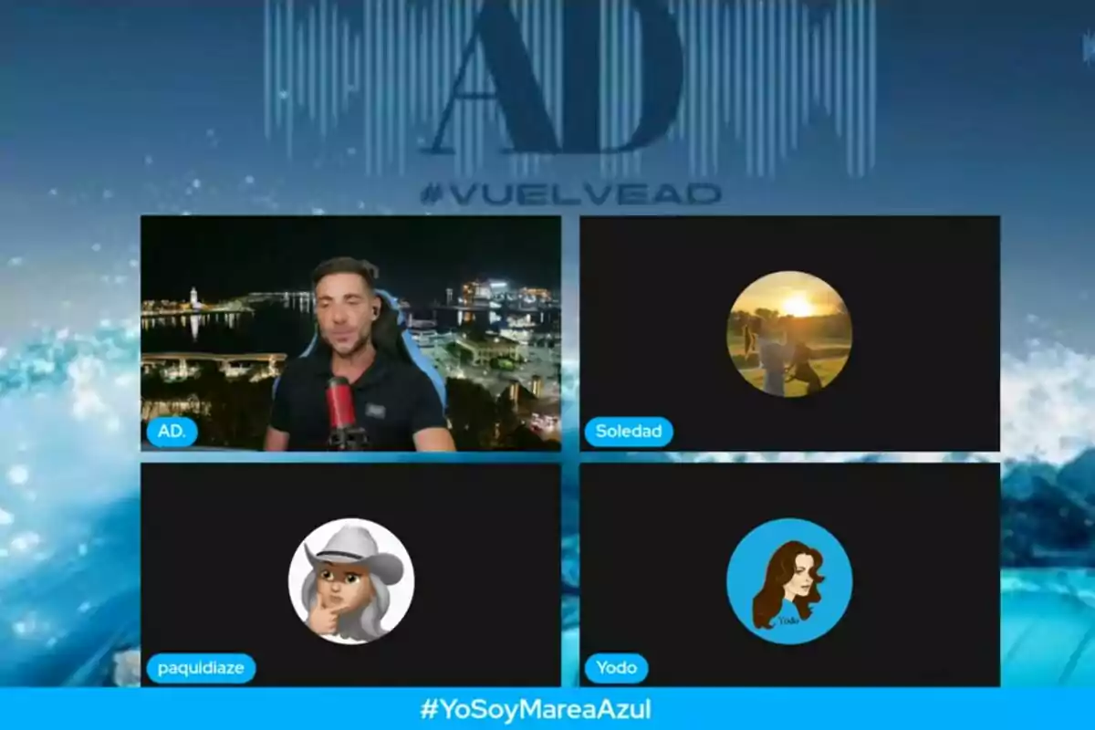 Quatre persones participen en una videotrucada amb fons blau, una d’elles és Antonio David Flores, i el text #JoSocMareaBlava a la part inferior. Quatre persones participen en una videotrucada amb fons blau, una d’elles és Antonio David Flores, i el text #JoSocMareaBlava a la part inferior.