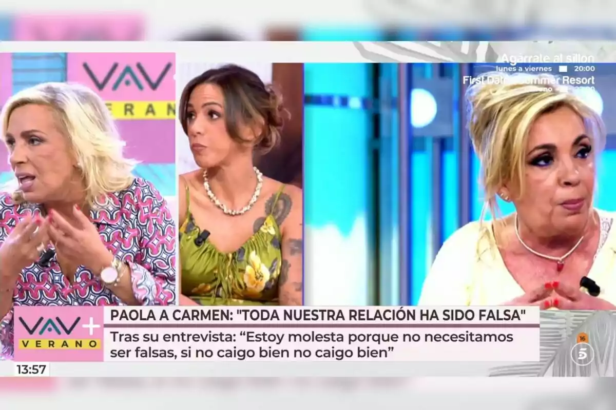 Dues dones, que són Paola Olmedo i Carmen Borrego, conversen en un programa de televisió amb gràfics colorits i un rètol que mostra una cita sobre una relació falsa. Dues dones, que són Paola Olmedo i Carmen Borrego, conversen en un programa de televisió amb gràfics colorits i un rètol que mostra una cita sobre una relació falsa.
