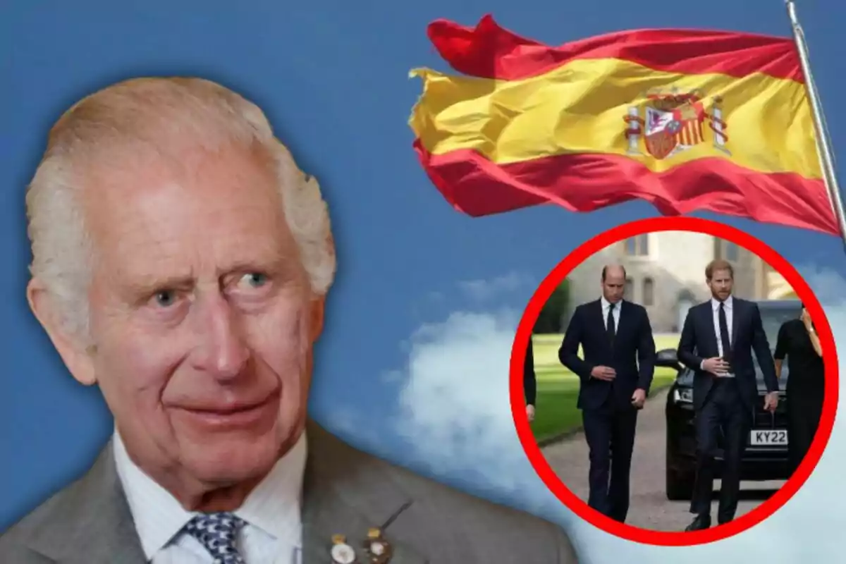 El rei Carles III de cabells canosos en primer pla amb una bandera d’Espanya onejant al fons i un cercle vermell que emmarca dos homes vestits amb vestit caminant junts.