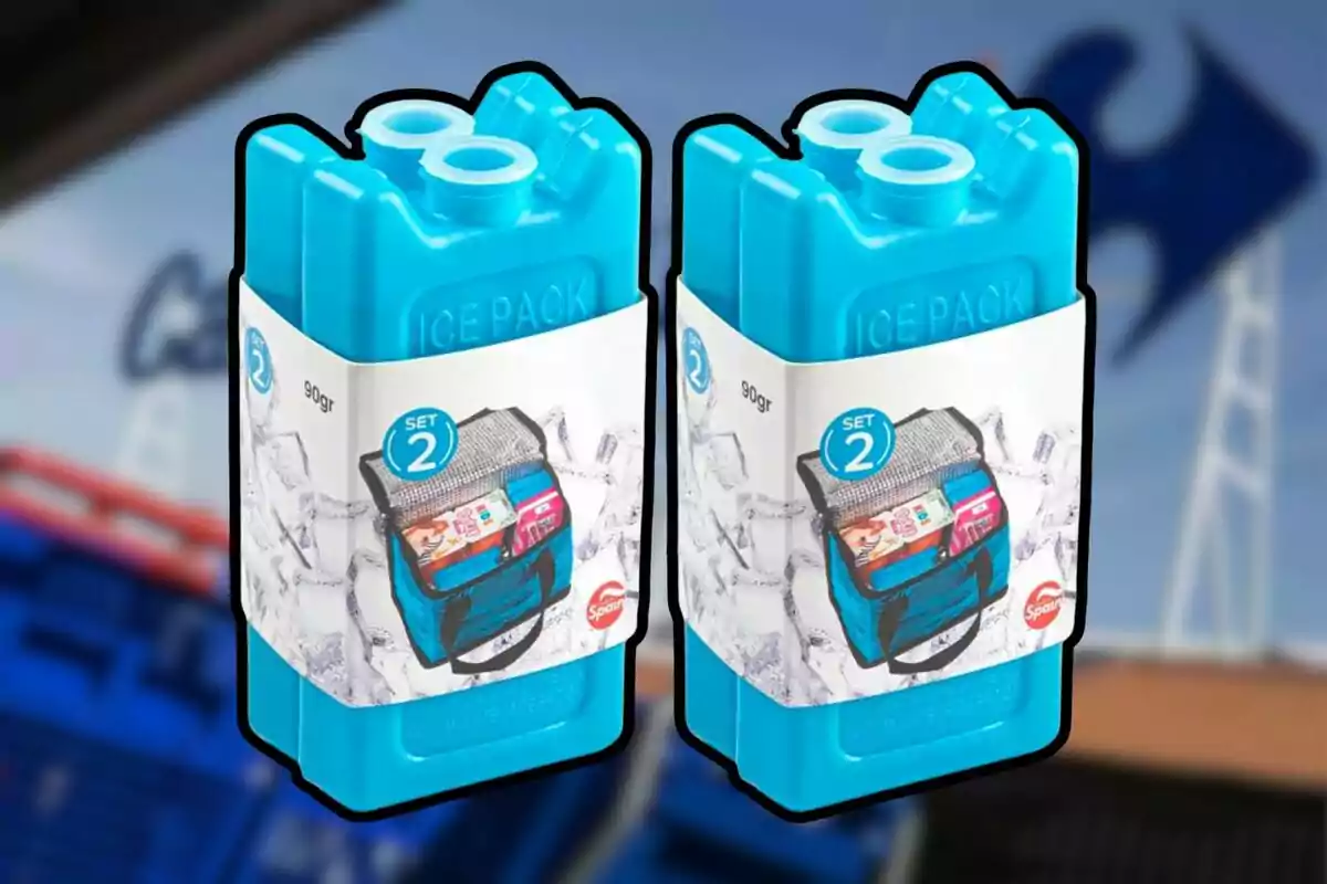 Dos blocs de gel refrigerant reutilitzables de color blau amb una etiqueta que mostra una nevera portàtil i productes al seu interior Dos blocs de gel refrigerant reutilitzables de color blau amb una etiqueta que mostra una nevera portàtil i productes al seu interior