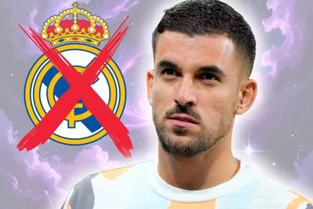 A player with a serious expression appears next to the Real Madrid crest crossed out with a large red X against a background of purple and white colors.