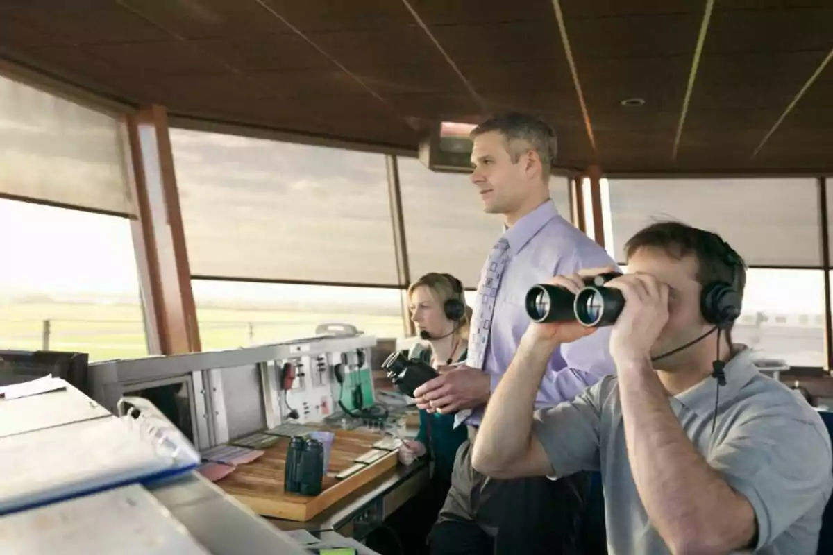 Tres personas trabajando en una torre de control aéreo, una de ellas usando binoculares y todas con auriculares Tres personas trabajando en una torre de control aéreo, una de ellas usando binoculares y todas con auriculares