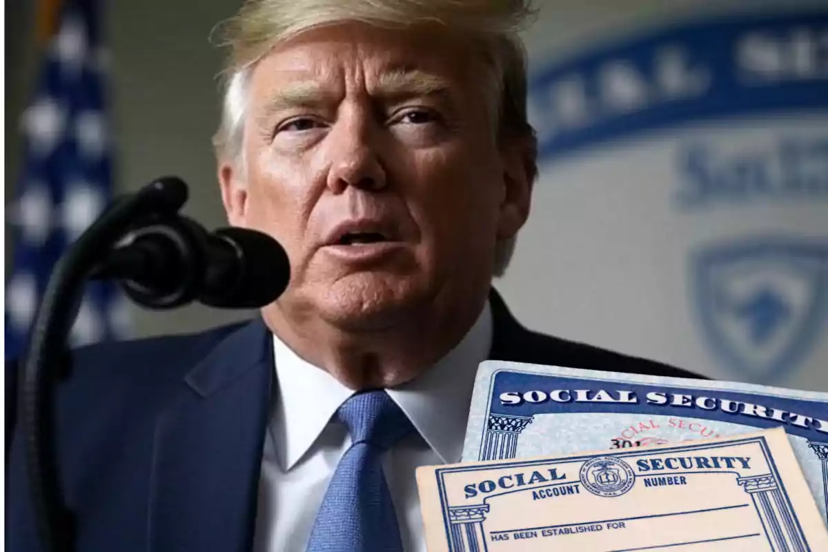 Blond-haired man speaking in front of a microphone with social security cards in the foreground Blond-haired man speaking in front of a microphone with social security cards in the foreground