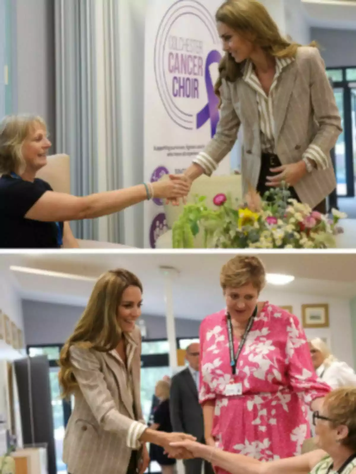 Kate Middleton amb jaqueta beix saluda i conversa amb diverses persones en un esdeveniment relacionat amb un cor de suport a pacients amb càncer. Kate Middleton amb jaqueta beix saluda i conversa amb diverses persones en un esdeveniment relacionat amb un cor de suport a pacients amb càncer.