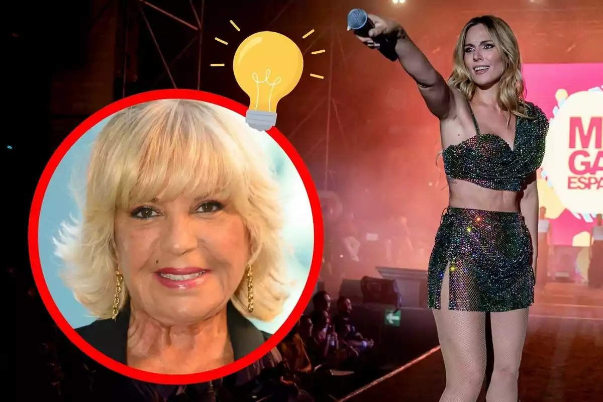 Bárbara Rey somrient apareix en un cercle vermell al costat d’una bombeta groga, mentre Edurne amb un conjunt brillant canta en un escenari davant d’un públic.