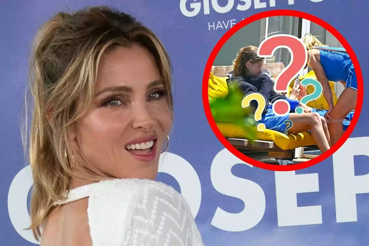 Elsa Pataky sonriente en primer plano con un círculo rojo que contiene una imagen borrosa de dos personas sentadas y varios signos de interrogación superpuestos
