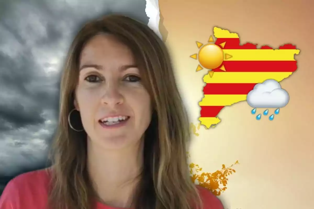 Mònica Usart con fondo dividido entre cielo nublado y mapa de Cataluña con símbolos de sol y lluvia