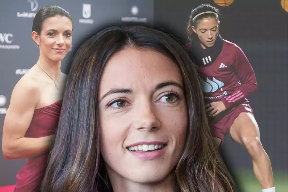 Collage d’una dona en tres situacions diferents, en primer pla somrient, a l’esquerra en un esdeveniment formal amb vestit vermell i a la dreta entrenant futbol amb uniforme esportiu.
