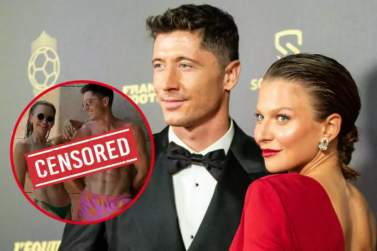 Pareja elegantemente vestida posando en un evento con un círculo insertado que muestra una imagen censurada de dos personas en traje de baño