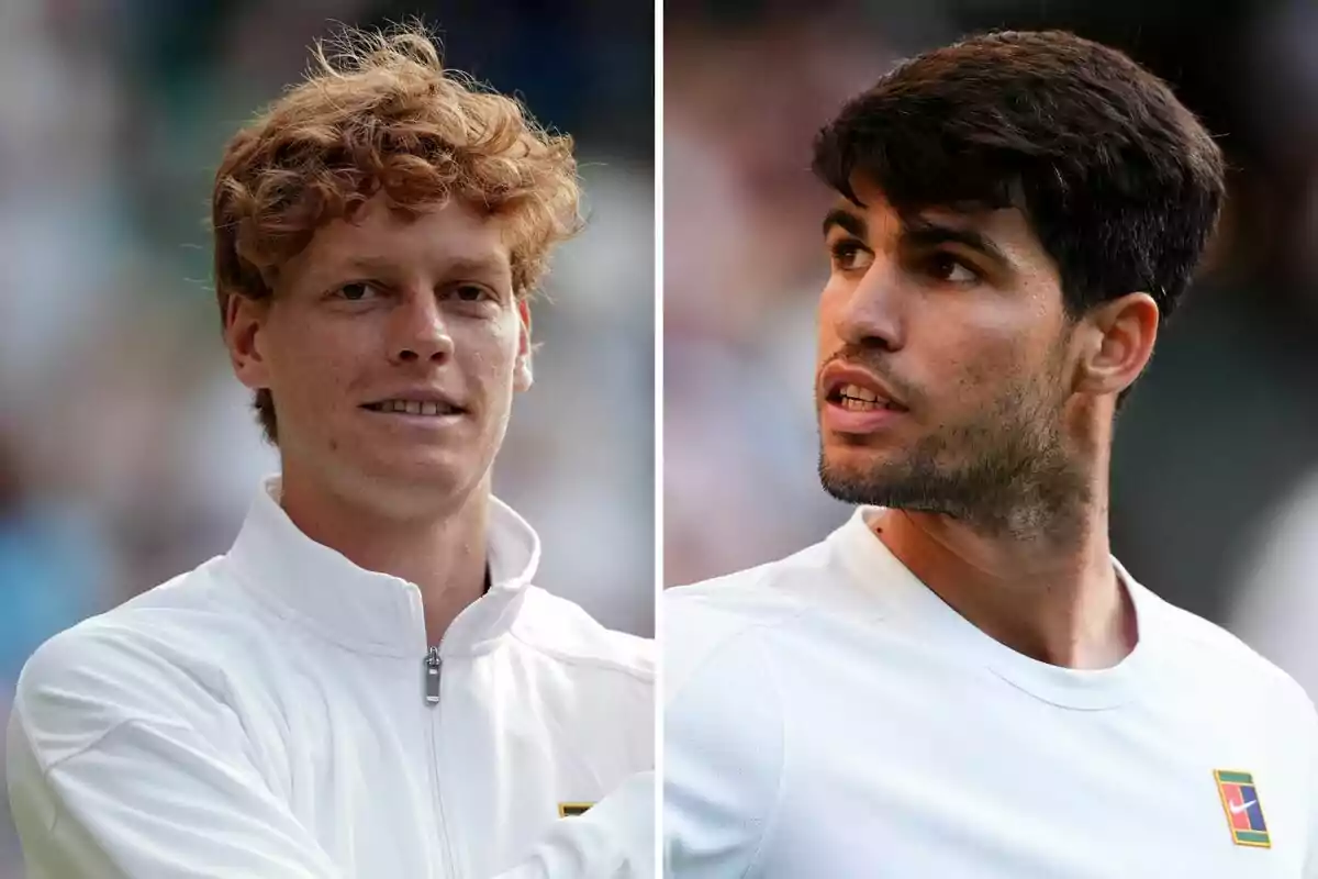 Dos tenistas jóvenes con ropa deportiva blanca, uno pelirrojo y otro de cabello oscuro, posando en diferentes ángulos.