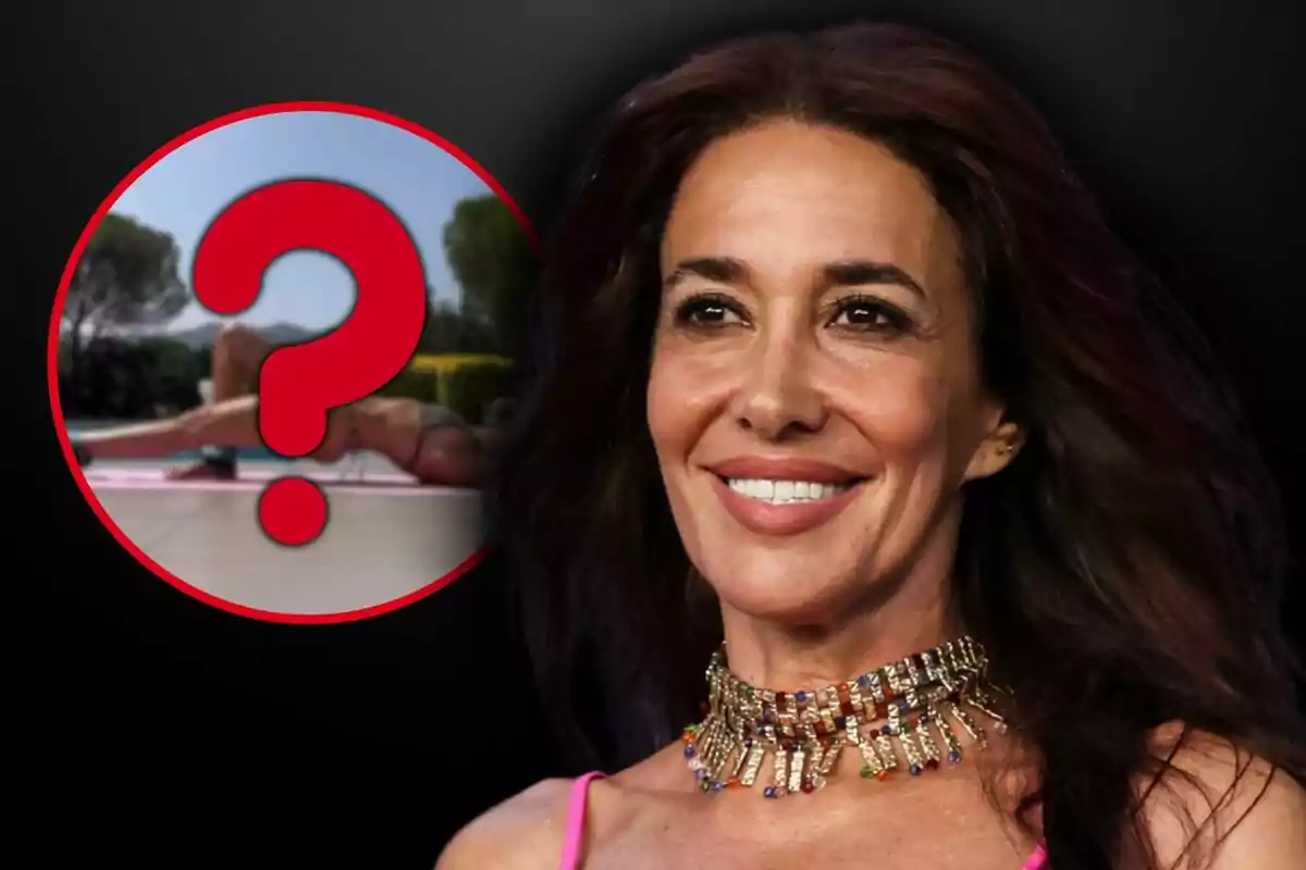 Mujer sonriente en primer plano con un collar colorido y al fondo un círculo rojo con una imagen borrosa y un signo de interrogación grande.