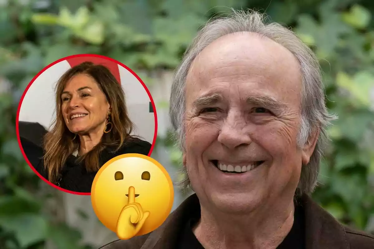 Hombre mayor sonriente en primer plano con fondo de plantas, un círculo rojo muestra a una mujer sonriente y un emoji de silencio aparece en la imagen