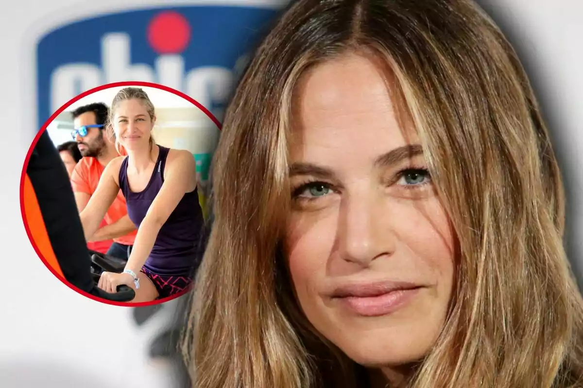 Mujer de cabello rubio y ojos claros en primer plano con una imagen circular insertada mostrando a la misma mujer haciendo ejercicio en una bicicleta estática junto a otras personas