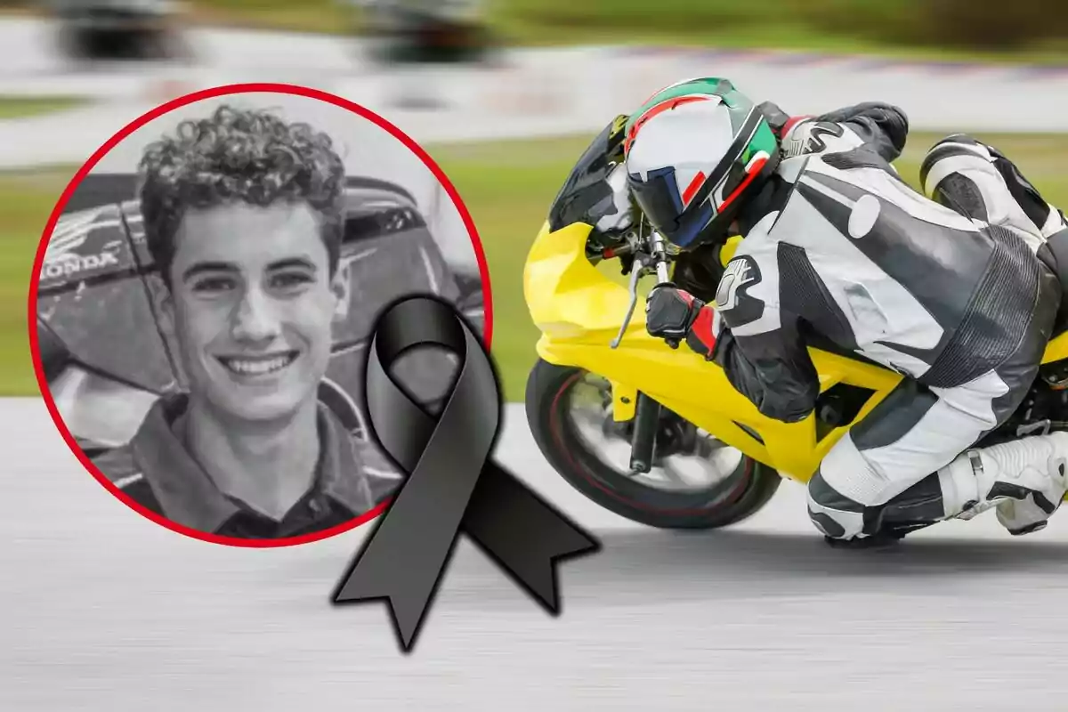 Fotografía de un motociclista en pista con un recuadro que muestra el retrato de un joven sonriente en blanco y negro acompañado de un moño negro de luto