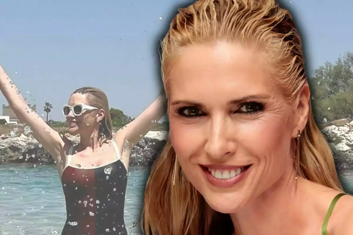 Mujer rubia sonriente en primer plano y al fondo la misma mujer disfrutando en la playa con gafas de sol y brazos levantados