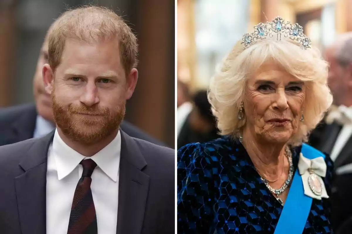 A red-haired, bearded man in a suit and tie appears next to a woman with short blonde hair wearing a tiara and an elegant blue dress.