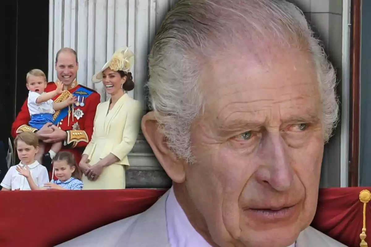 An older man with a serious expression in the foreground and, in the background, a smiling family with young children in front of a white column An older man with a serious expression in the foreground and, in the background, a smiling family with young children in front of a white column