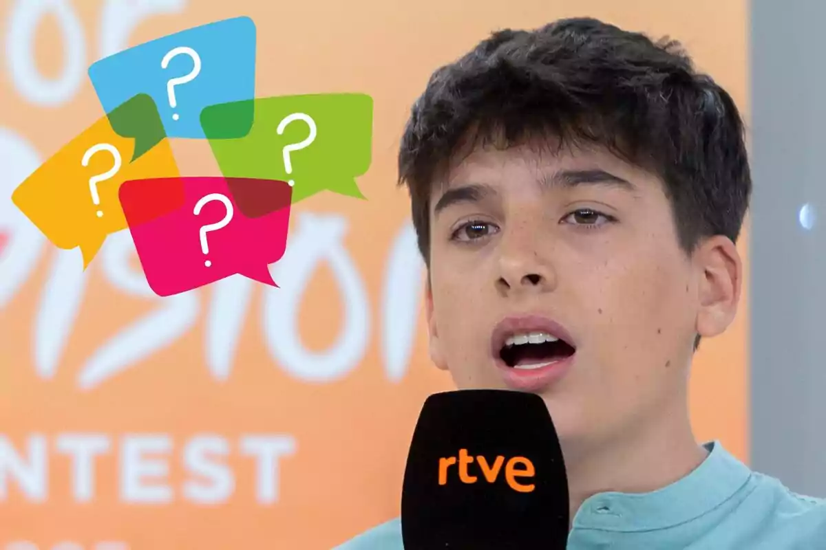Un jove sosté un micròfon de rtve mentre parla i sobre el seu cap apareixen diversos globus de diàleg de colors amb signes d’interrogació.