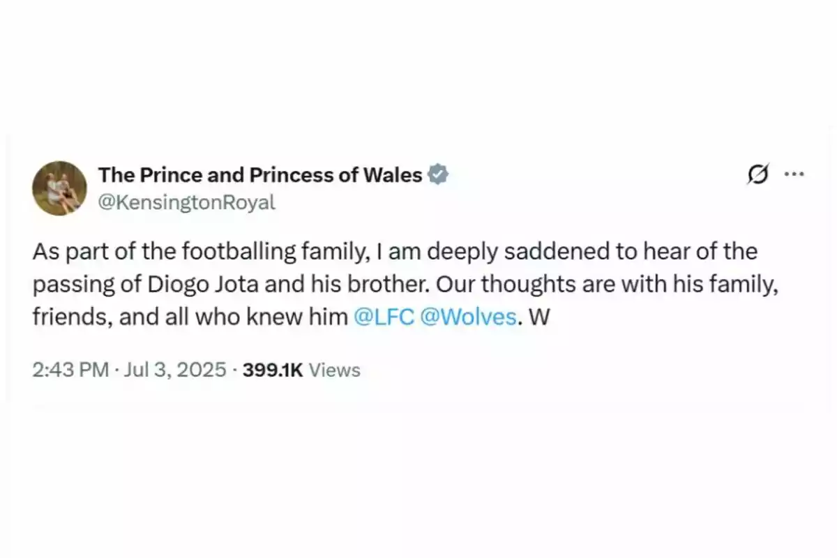 Captura de pantalla d’un tuit del compte The Prince and Princess of Wales expressant el seu condol per la mort de Diogo Jota i el seu germà, esmentant els clubs LFC i Wolves i enviant pensaments a la seva família i amics. Captura de pantalla d’un tuit del compte The Prince and Princess of Wales expressant el seu condol per la mort de Diogo Jota i el seu germà, esmentant els clubs LFC i Wolves i enviant pensaments a la seva família i amics.