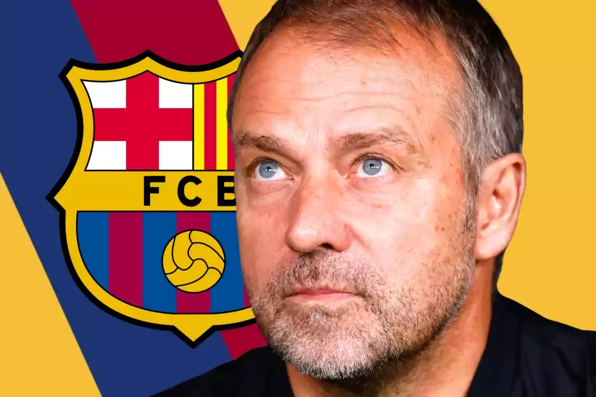Home de cabells curts i barba mirant cap amunt amb l’escut del FC Barcelona de fons