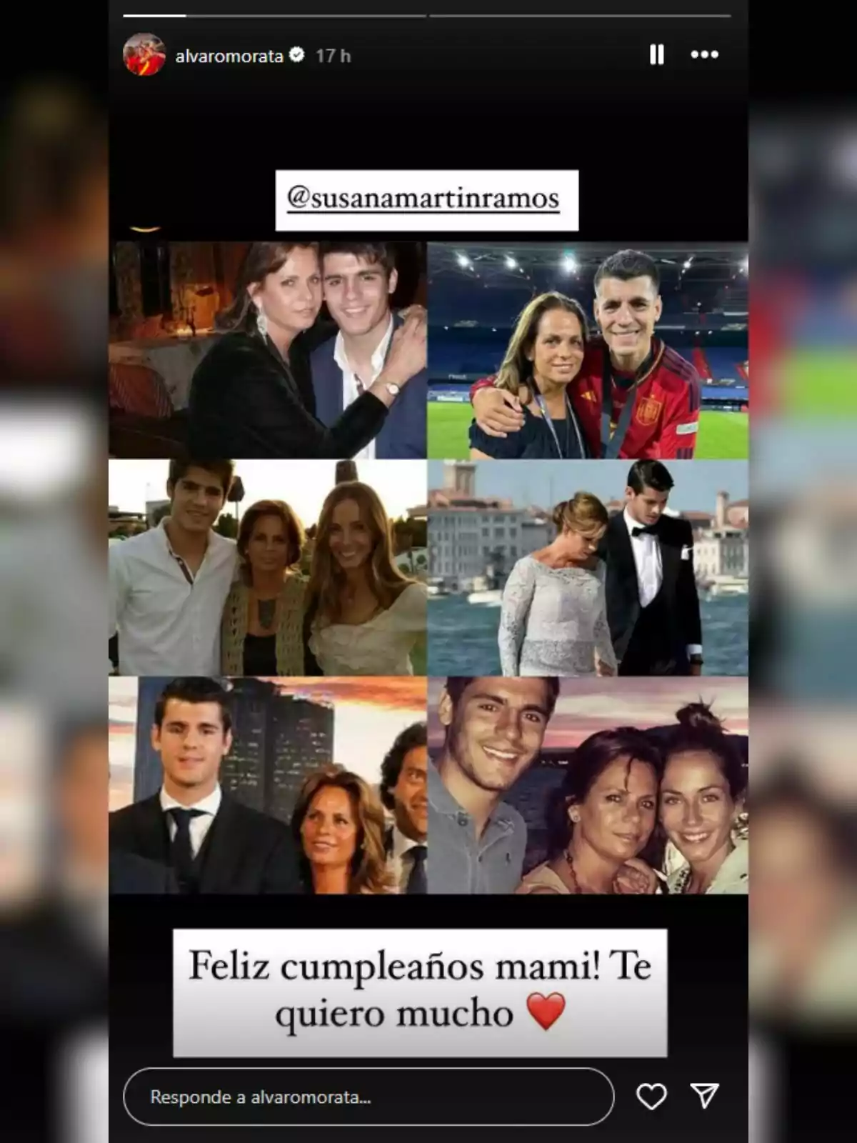 Collage de fotos familiars en diferents moments i llocs, acompanyat d’un missatge de felicitació d’aniversari per a una mare amb un cor vermell, que és d’Álvaro Morata a la seva mare. Collage de fotos familiars en diferents moments i llocs, acompanyat d’un missatge de felicitació d’aniversari per a una mare amb un cor vermell, que és d’Álvaro Morata a la seva mare.