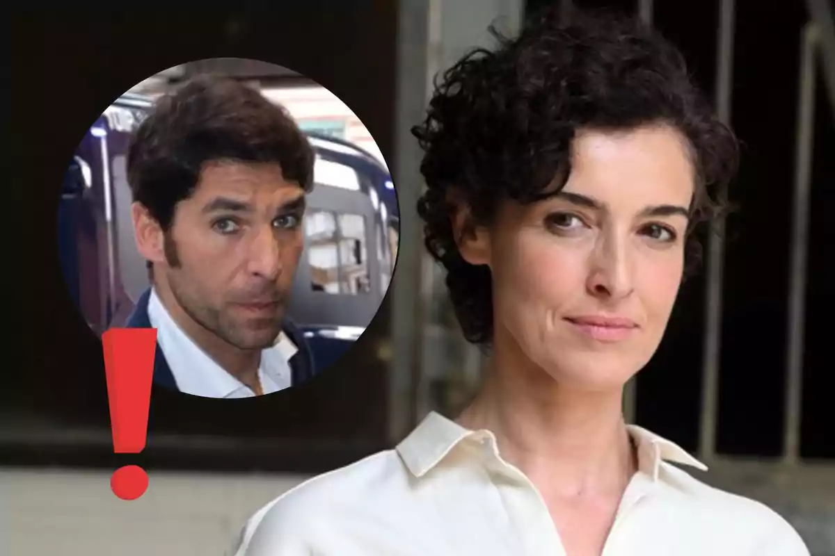Dona de cabell curt i arrissat amb camisa blanca al davant, al fons un cercle amb la imatge d’un home de cabell fosc i un signe d’exclamació vermell.