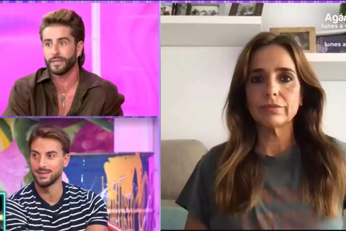 Carmen Alcayde, Pelayo y Borja participan en una videollamada, dos hombres aparecen en recuadros a la izquierda con fondos coloridos y una mujer está a la derecha sentada en un sofá con fondo blanco y estantería. Carmen Alcayde, Pelayo y Borja participan en una videollamada, dos hombres aparecen en recuadros a la izquierda con fondos coloridos y una mujer está a la derecha sentada en un sofá con fondo blanco y estantería.