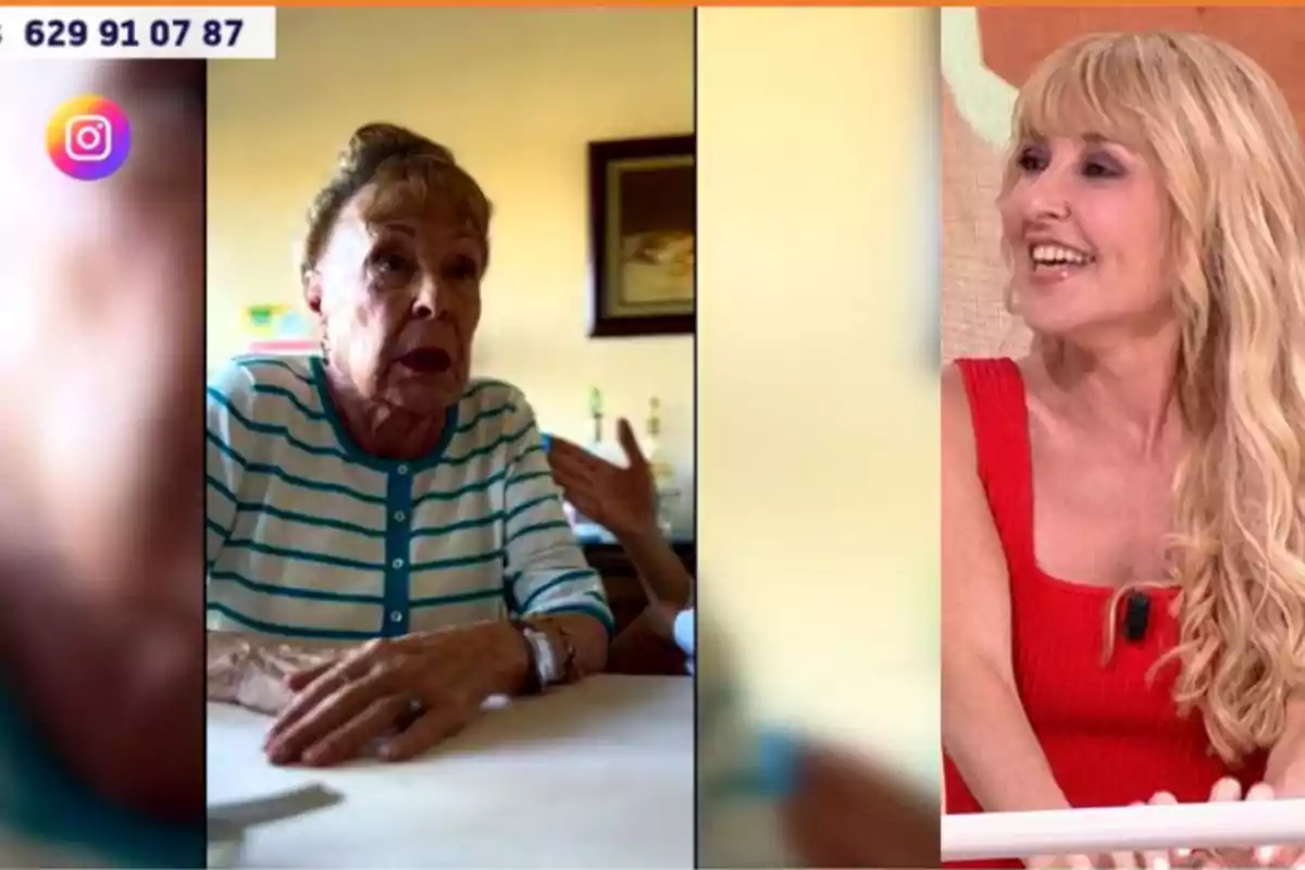 Gemma Cuervo y Cayetana Guillén Cuervo aparecen en una transmisión de televisión, una de ellas mayor con camiseta de rayas y la otra más joven con vestido rojo y cabello rubio largo, ambas en diferentes escenarios. Gemma Cuervo y Cayetana Guillén Cuervo aparecen en una transmisión de televisión, una de ellas mayor con camiseta de rayas y la otra más joven con vestido rojo y cabello rubio largo, ambas en diferentes escenarios.