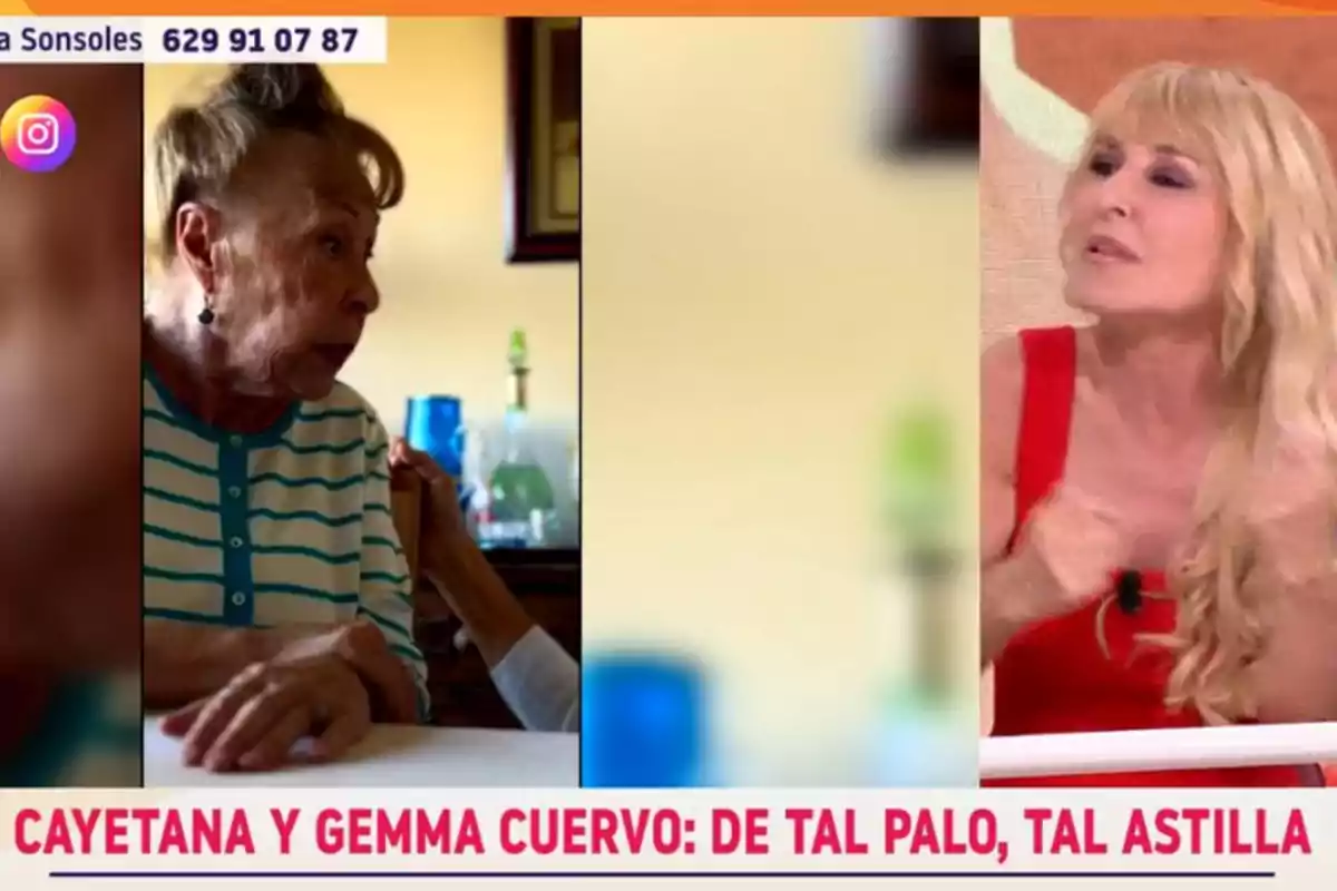 Gemma Cuervo y Cayetana Guillén Cuervo aparecen en pantalla dividida durante un programa de televisión, una de ellas lleva una camiseta de rayas y la otra un vestido rojo, con el texto en la parte inferior que dice Gemma Cuervo y Cayetana Guillén Cuervo aparecen en pantalla dividida durante un programa de televisión, una de ellas lleva una camiseta de rayas y la otra un vestido rojo, con el texto en la parte inferior que dice