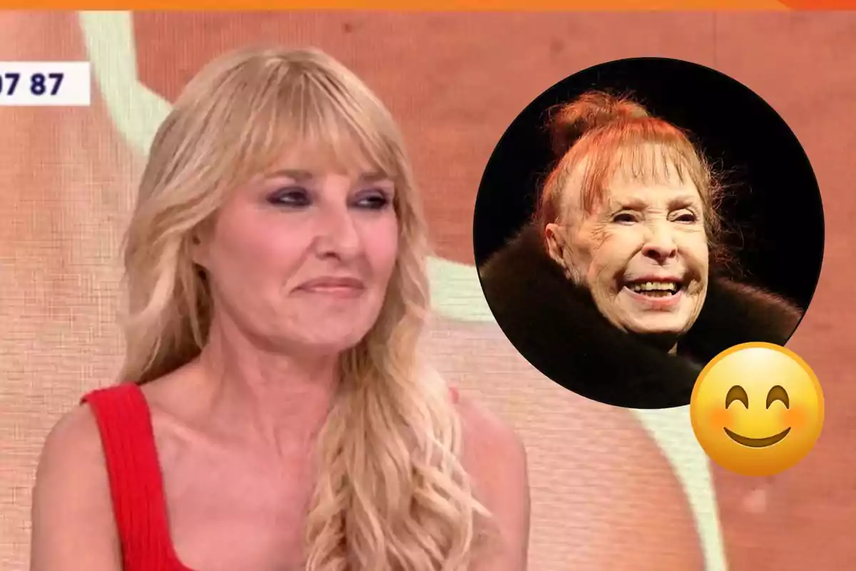Cayetana Guillén Cuervo rubia con vestido rojo en un programa de televisión, con un círculo que muestra a Gemma Cuervo mayor sonriendo y un emoji sonriente