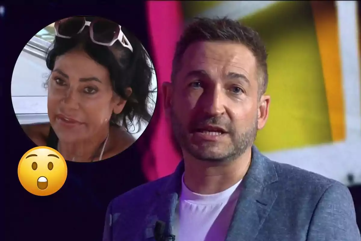 Frank Blanco con barba y chaqueta gris aparece en primer plano mientras en la esquina superior izquierda se muestra el rostro de Maite Galdeano con gafas en la cabeza dentro de un círculo y un emoji de sorpresa.