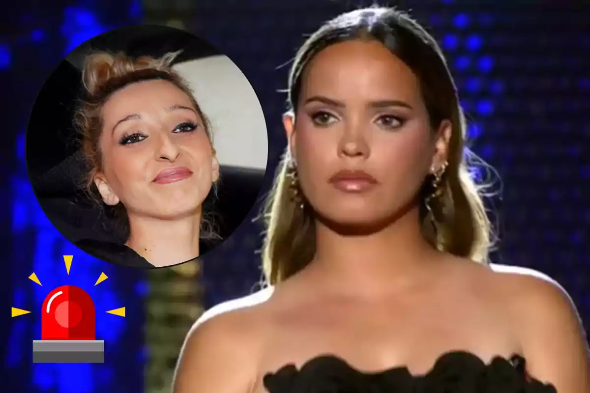 Gloria Camila de cabello suelto y vestido negro en primer plano con expresión seria, en la esquina superior izquierda aparece un círculo con el rostro de Michu sonriendo y un ícono de sirena roja debajo