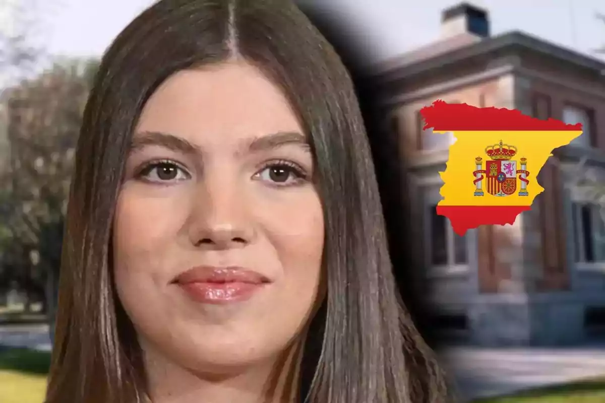 La infanta Sofía de cabello lacio y largo con un edificio de fondo y la silueta del mapa de España con la bandera superpuesta