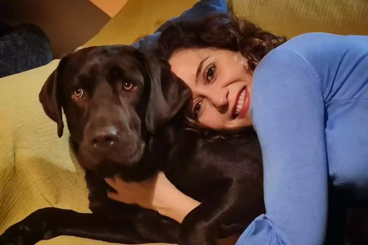 Isabel Díaz Ayuso sonriente abrazando a un perro labrador de color chocolate sobre un sofá amarillo Isabel Díaz Ayuso sonriente abrazando a un perro labrador de color chocolate sobre un sofá amarillo