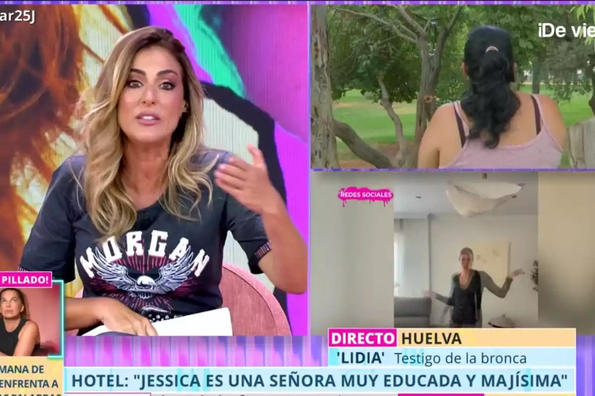 Verónica Dulanto hablando en un programa de tertulia con varias ventanas mostrando a otras personas participando de manera remota y un cintillo informativo en la parte inferior
