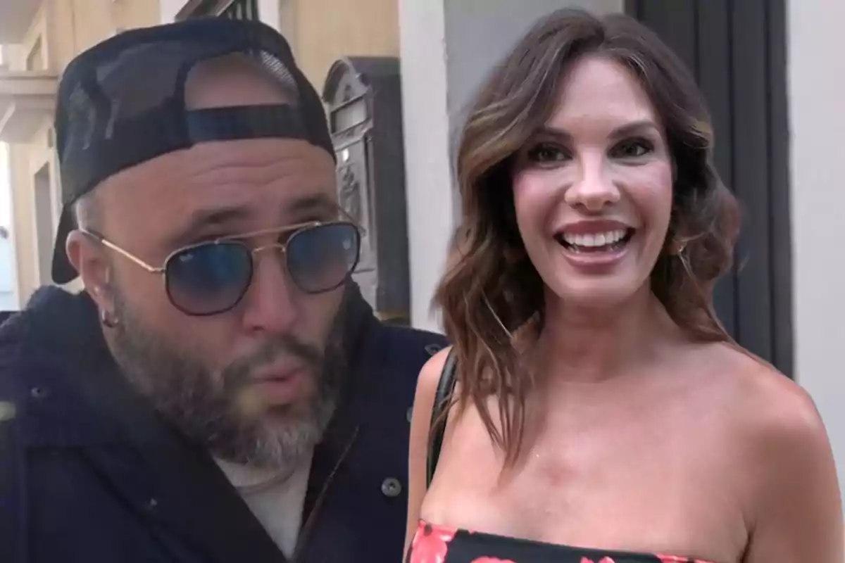 Kiko Rivera con barba, gafas de sol y gorra negra junto a Jessica Bueno sonriente de cabello castaño y vestido de flores