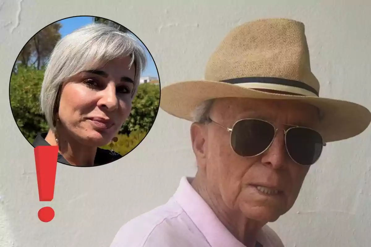 José Ortega Cano mayor con sombrero y gafas de sol frente a una pared clara con un círculo que muestra el rostro de Ana María Aldón de cabello canoso y un signo de exclamación rojo