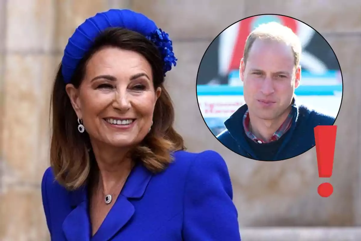 Carole Middleton sonriente vestida de azul con un tocado a juego y el príncipe Guillermo en un círculo superpuesto junto a un signo de exclamación rojo